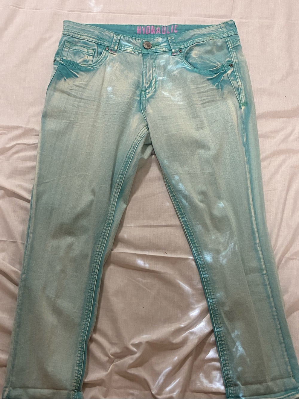 Hydraulic Y2K Teal Acid Washed Skinny Jeans Straight Cut Contrast Stiching